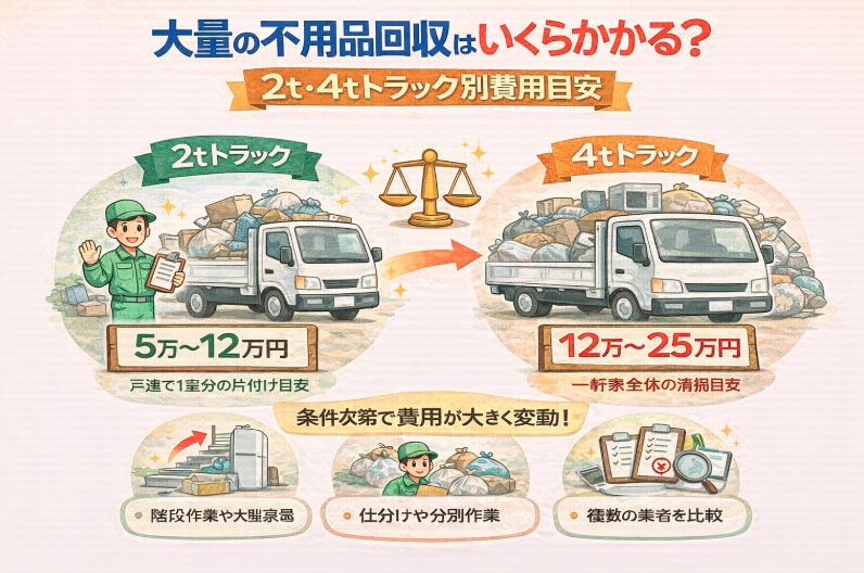 大量の不用品回収はいくらかかる？2t・4tトラック別費用目安